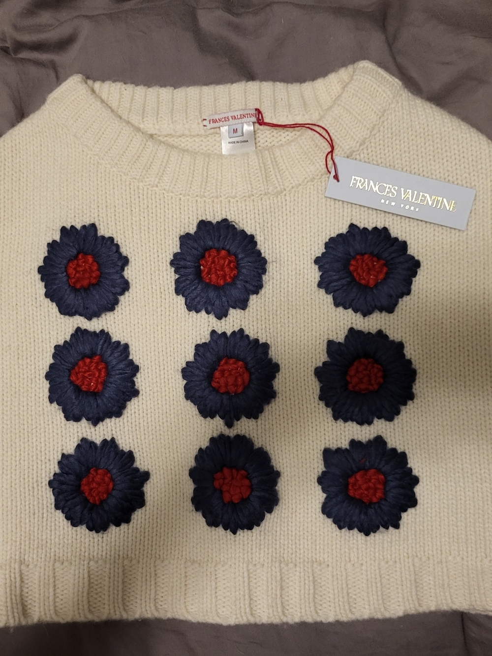 NWT Frances Valentine Cream Knit SHRUG with Navy & Red Floral Appliqués